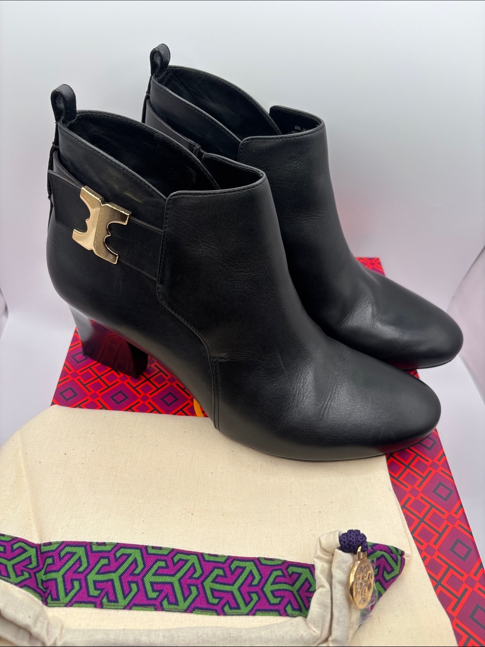 Tory Burch Black Leather Ankle Booties with Gold Logo Hardware